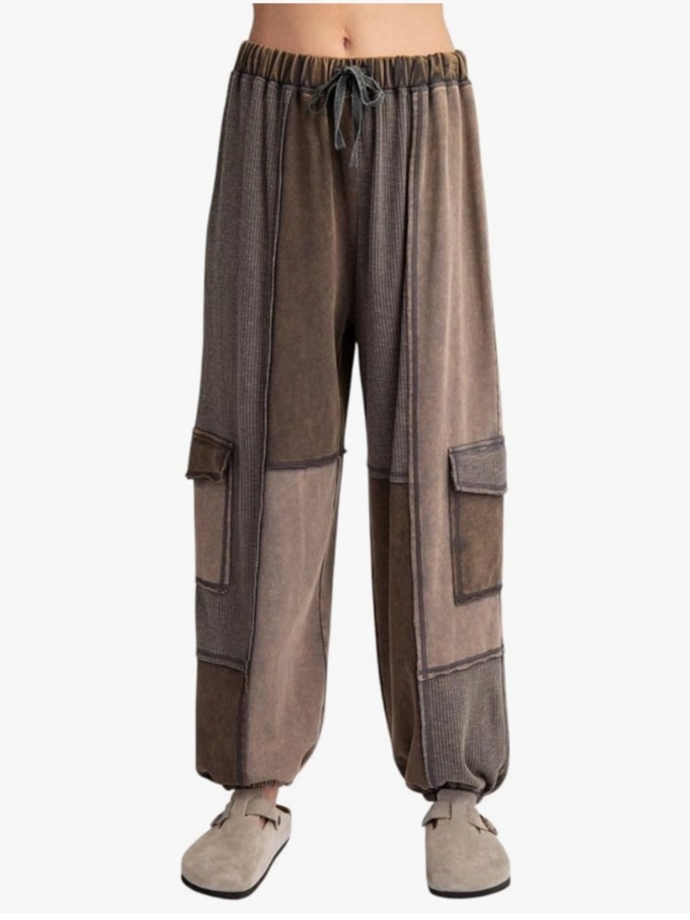 Easel Ayla Color Block Patchwork Terry Knit Cargo Jogger Pants size large ash - Picture 2 of 6